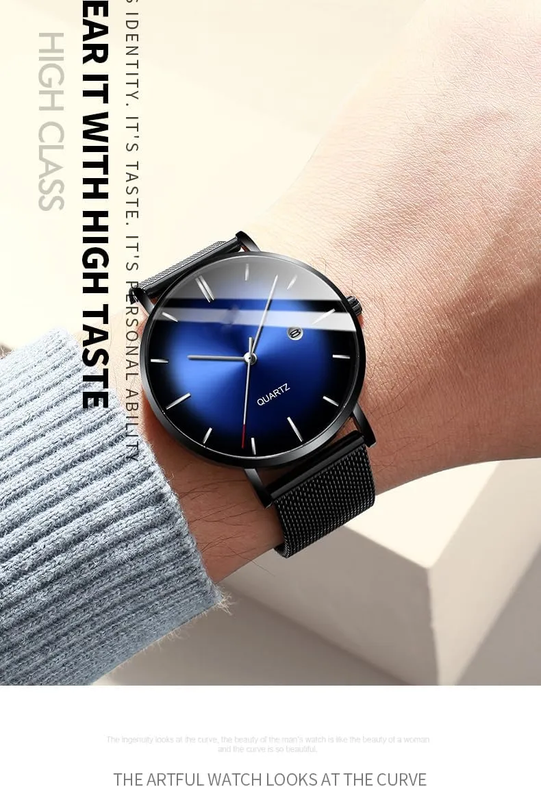 BESTKANG Men's Fashion Minimalist Wrist Watch Waterproof Watches Simple Ultra Thin Watches Analog Quartz Date with Stainless Steel Mesh Band
