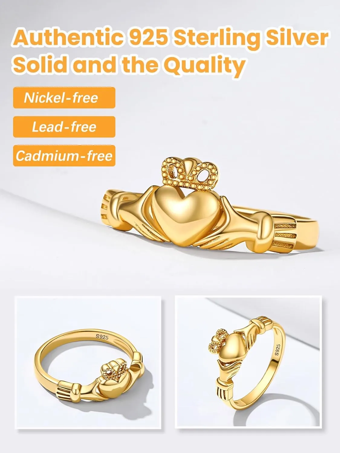 Bestyle 925 Sterling Silver Ring for Women, Minimalist Claddagh Ring Celtic Knot Ring for Women, Irish Promise Wedding Band, Gold/Rose Gold Vermeil Women Band Ring, Stackable, Gift for Her