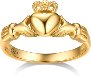 Bestyle 925 Sterling Silver Ring for Women, Minimalist Claddagh Ring Celtic Knot Ring for Women, Irish Promise Wedding Band, Gold/Rose Gold Vermeil Women Band Ring, Stackable, Gift for Her