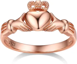 Bestyle 925 Sterling Silver Ring for Women, Minimalist Claddagh Ring Celtic Knot Ring for Women, Irish Promise Wedding Band, Gold/Rose Gold Vermeil Women Band Ring, Stackable, Gift for Her