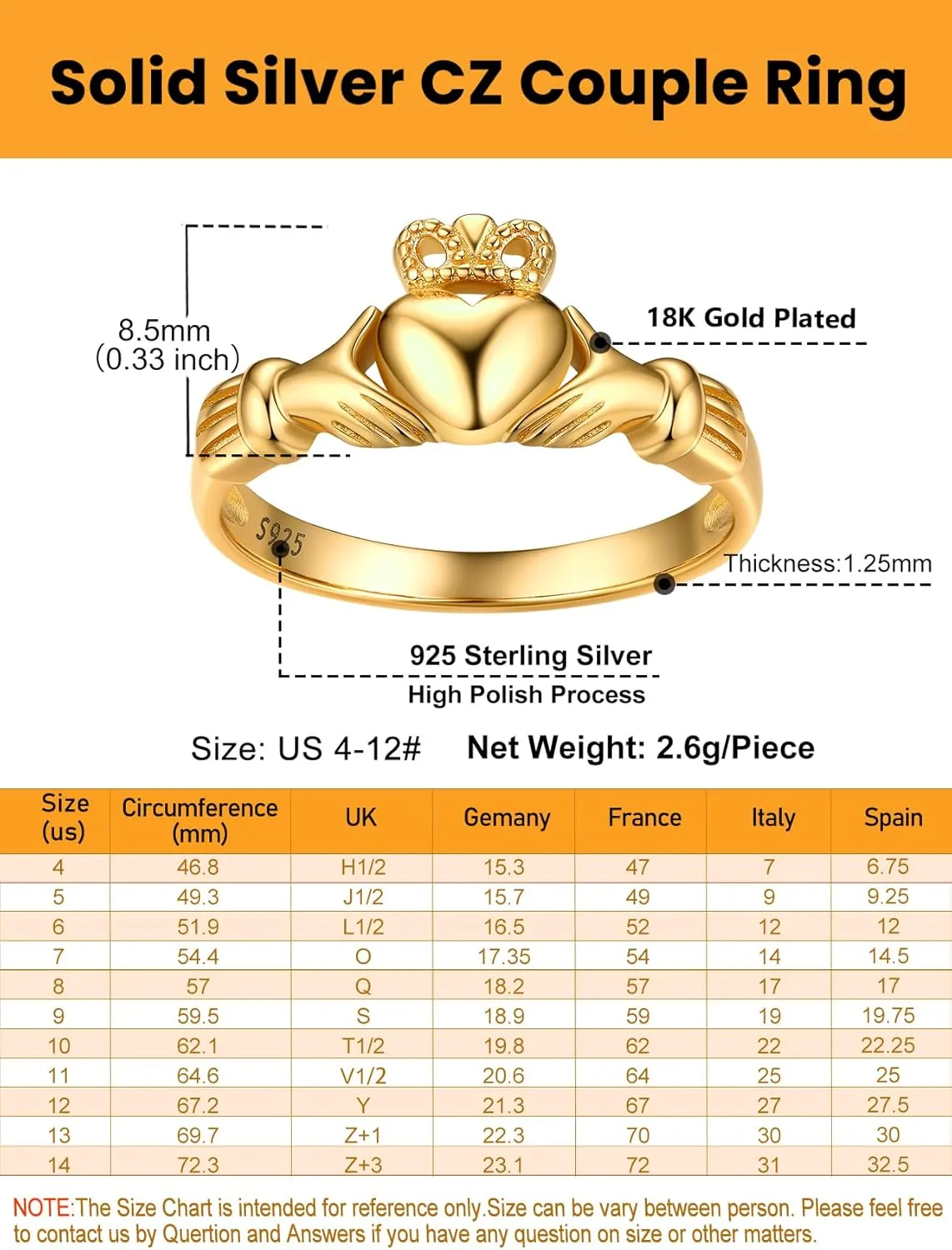 Bestyle 925 Sterling Silver Ring for Women, Minimalist Claddagh Ring Celtic Knot Ring for Women, Irish Promise Wedding Band, Gold/Rose Gold Vermeil Women Band Ring, Stackable, Gift for Her