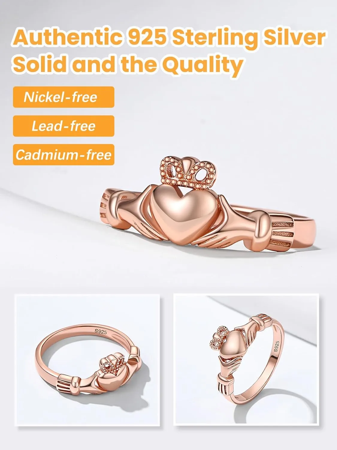 Bestyle 925 Sterling Silver Ring for Women, Minimalist Claddagh Ring Celtic Knot Ring for Women, Irish Promise Wedding Band, Gold/Rose Gold Vermeil Women Band Ring, Stackable, Gift for Her