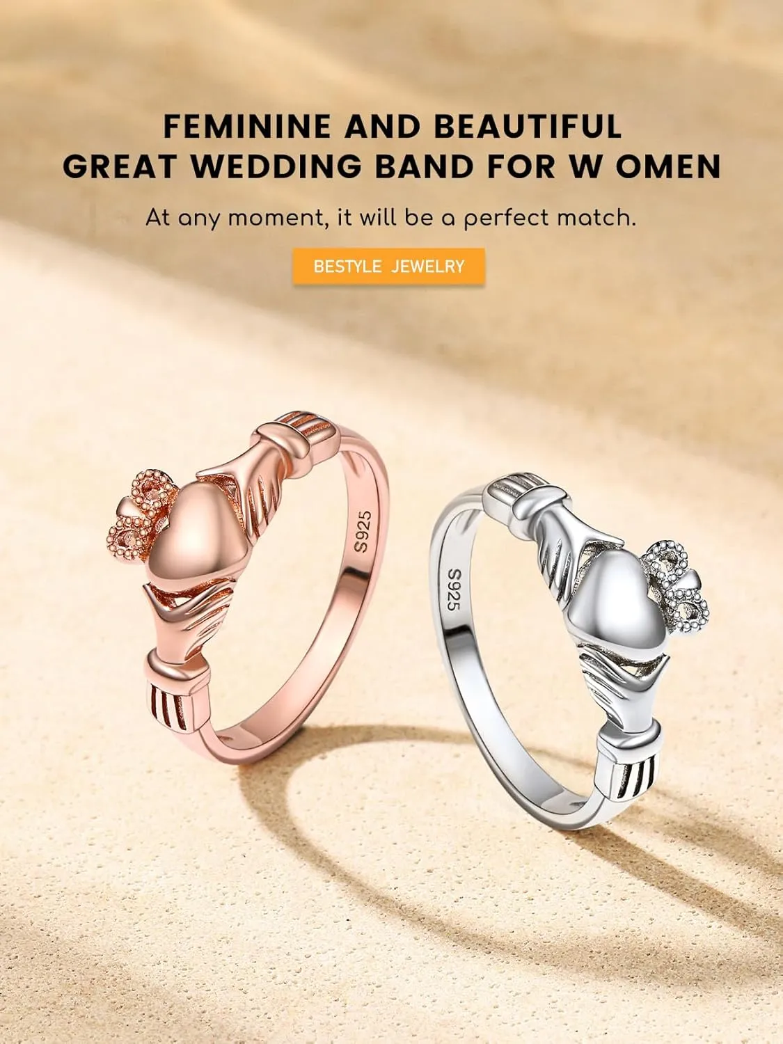 Bestyle 925 Sterling Silver Ring for Women, Minimalist Claddagh Ring Celtic Knot Ring for Women, Irish Promise Wedding Band, Gold/Rose Gold Vermeil Women Band Ring, Stackable, Gift for Her