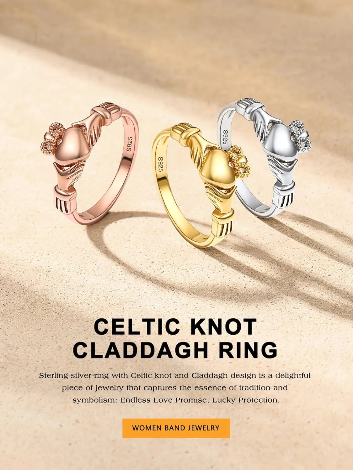 Bestyle 925 Sterling Silver Ring for Women, Minimalist Claddagh Ring Celtic Knot Ring for Women, Irish Promise Wedding Band, Gold/Rose Gold Vermeil Women Band Ring, Stackable, Gift for Her