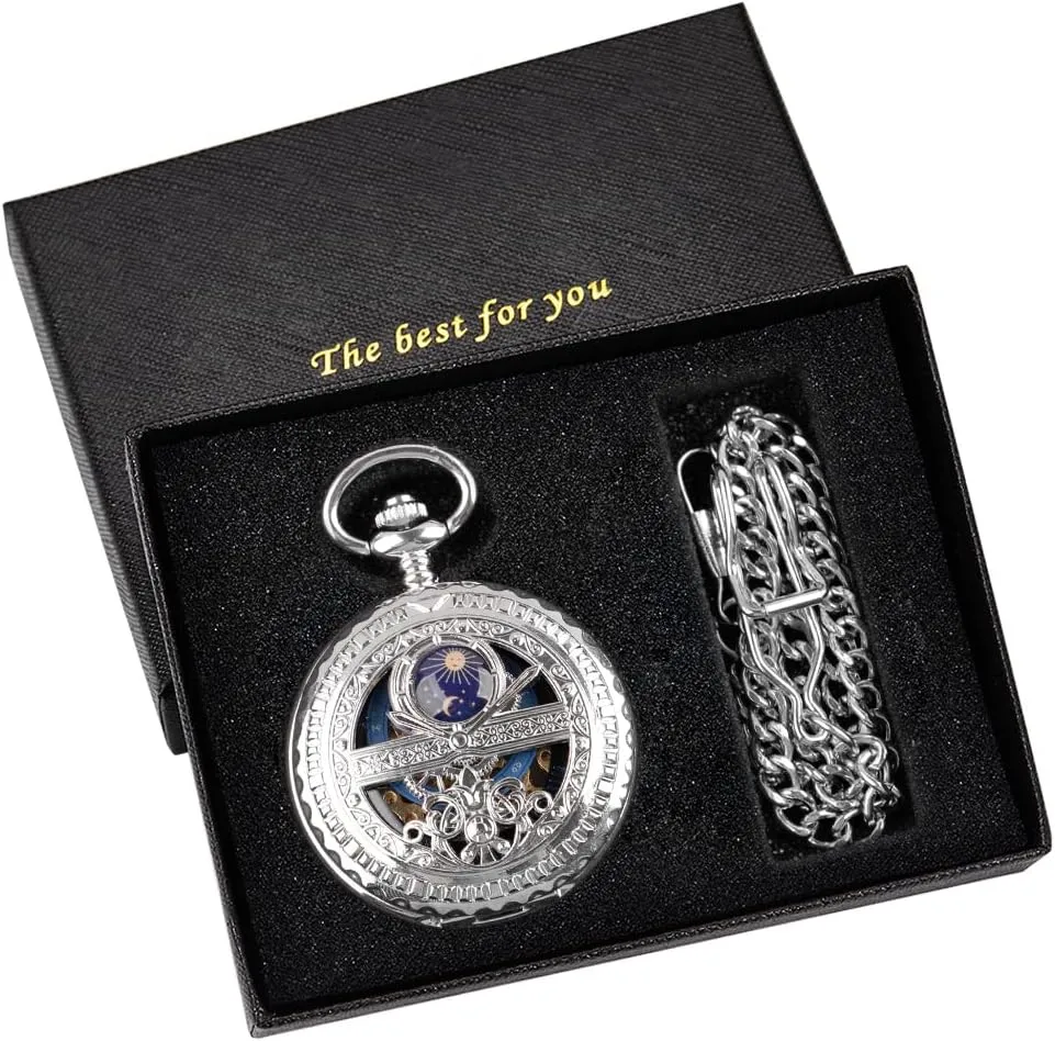Black and Silver Roman Numeral Dial Mens Mechanical Moon Phase Design, Moon Sun Pattern Skeleton Mechanical Pocket Watches for Men with Case and Chain - Black