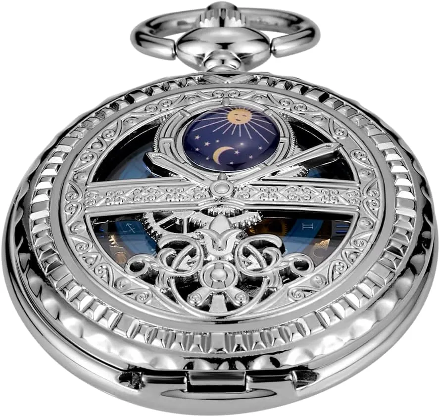 Black and Silver Roman Numeral Dial Mens Mechanical Moon Phase Design, Moon Sun Pattern Skeleton Mechanical Pocket Watches for Men with Case and Chain - Black