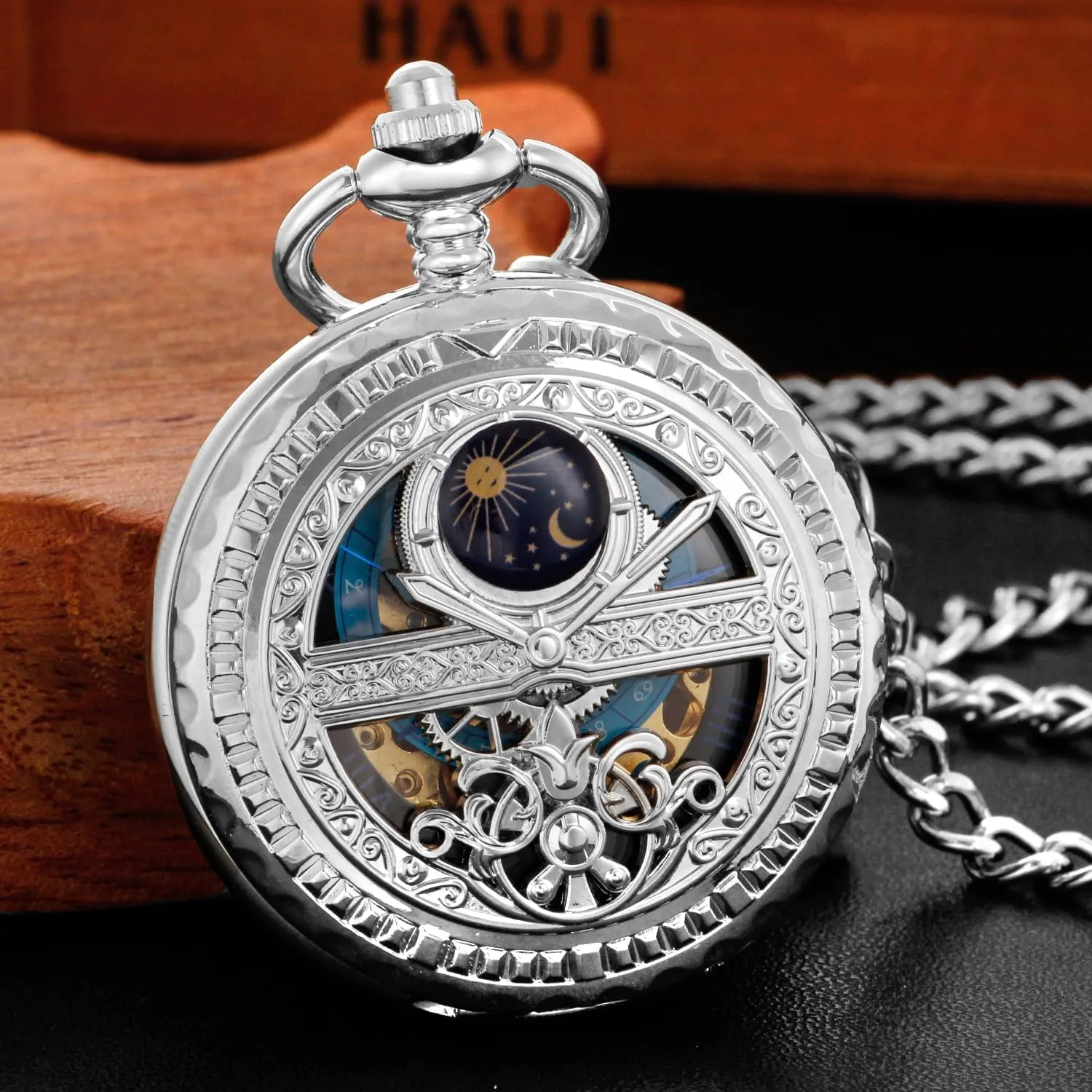 Black and Silver Roman Numeral Dial Mens Mechanical Moon Phase Design, Moon Sun Pattern Skeleton Mechanical Pocket Watches for Men with Case and Chain - Black