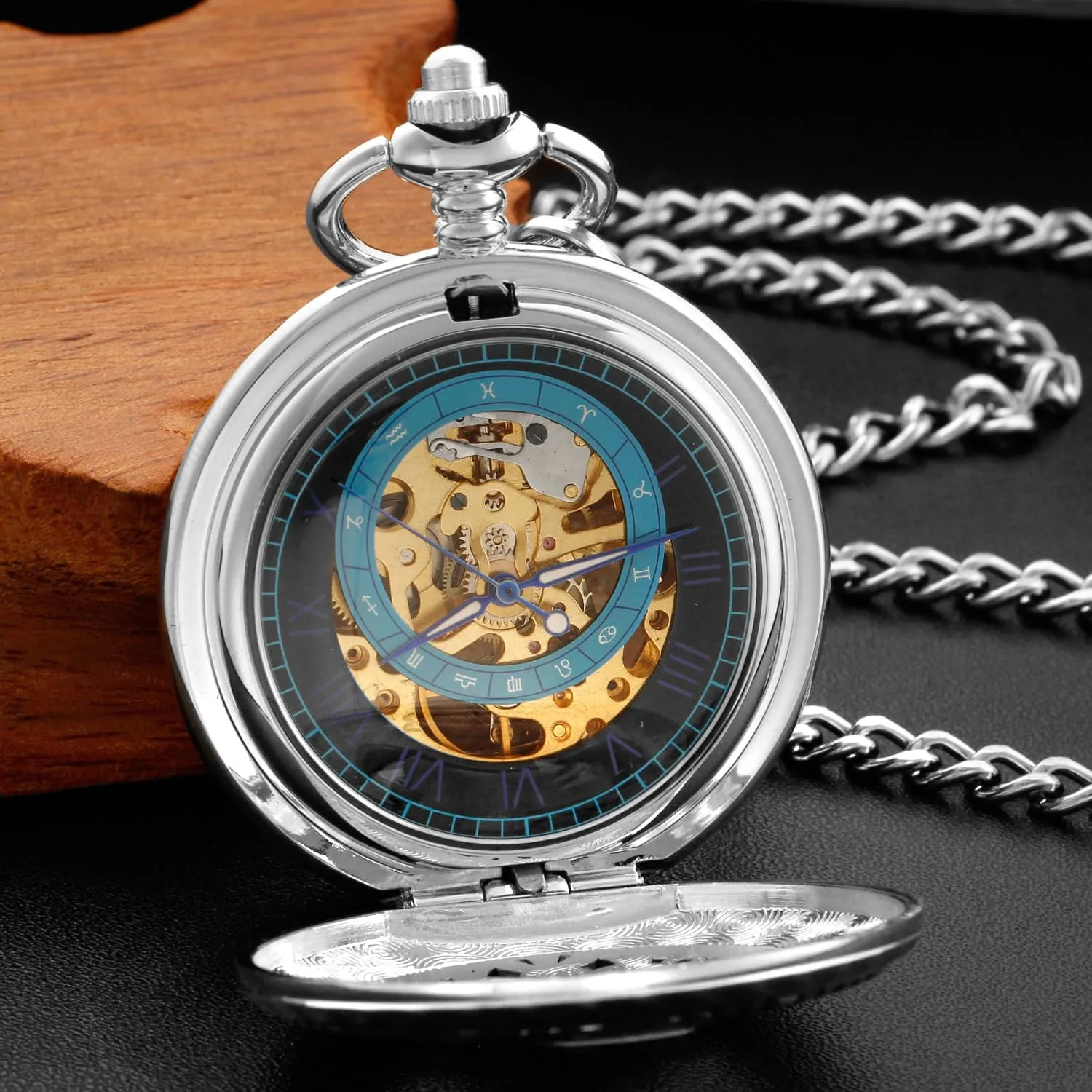 Black and Silver Roman Numeral Dial Mens Mechanical Moon Phase Design, Moon Sun Pattern Skeleton Mechanical Pocket Watches for Men with Case and Chain - Black