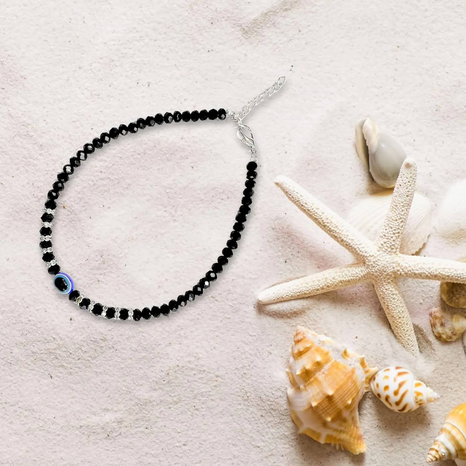 Black Bead Crystal Evil Eye Anklet Bracelet for Women Handmade Simple Waterproof Ankle Foot Bracelets for Women Minimalist Jewelry Adjustable