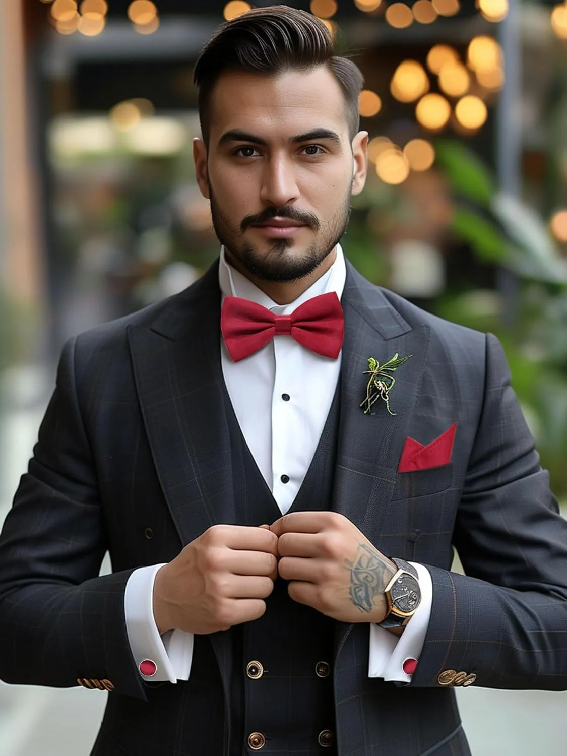 Black Bow Ties for Men Solid Color Bow Tie Pre-tied Adjustable Bowties and Pocket Square Cufflink Set