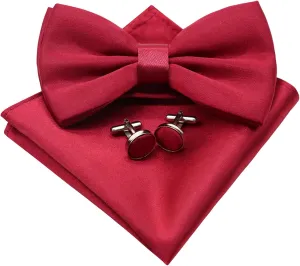Black Bow Ties for Men Solid Color Bow Tie Pre-tied Adjustable Bowties and Pocket Square Cufflink Set