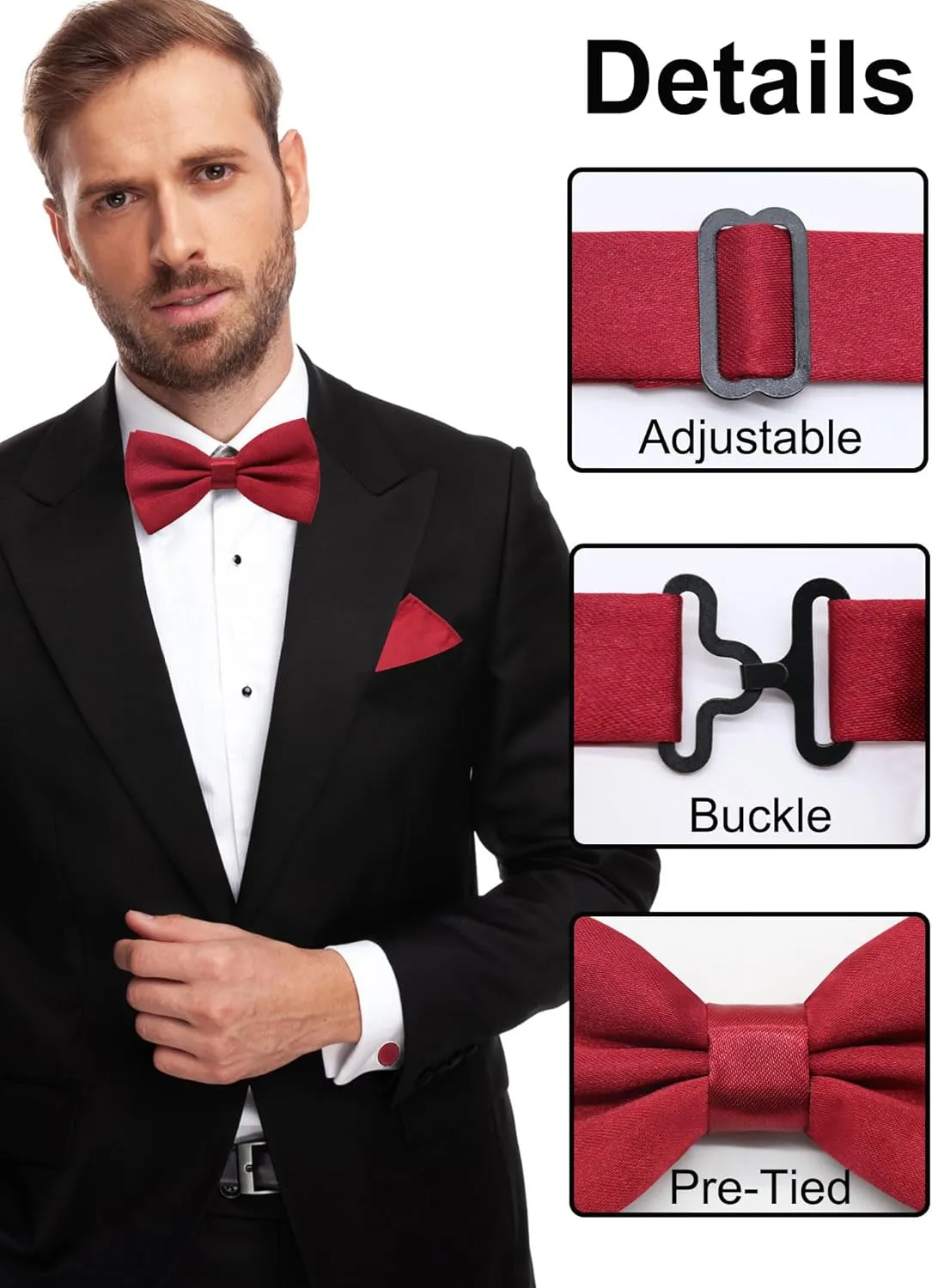 Black Bow Ties for Men Solid Color Bow Tie Pre-tied Adjustable Bowties and Pocket Square Cufflink Set