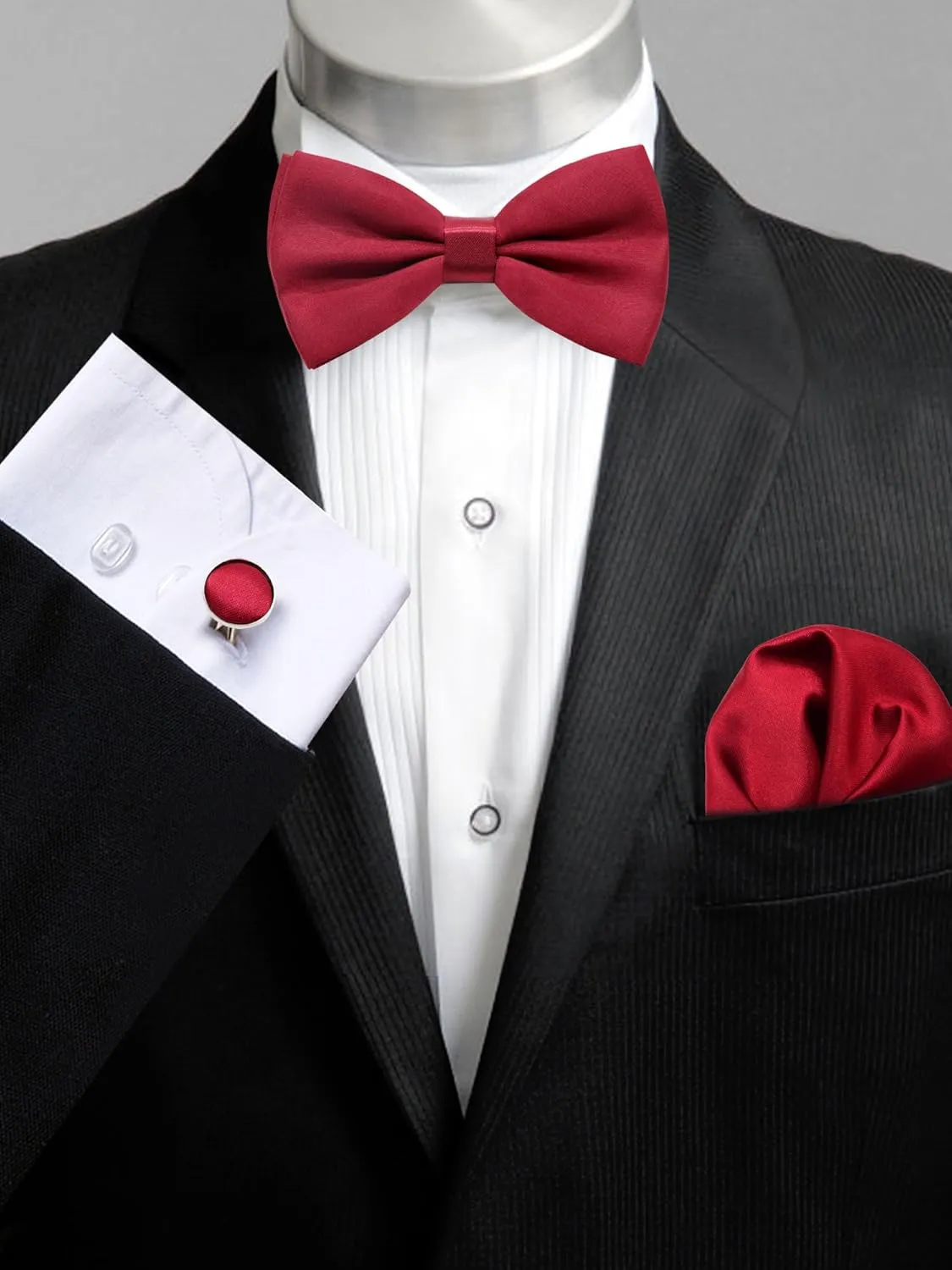 Black Bow Ties for Men Solid Color Bow Tie Pre-tied Adjustable Bowties and Pocket Square Cufflink Set