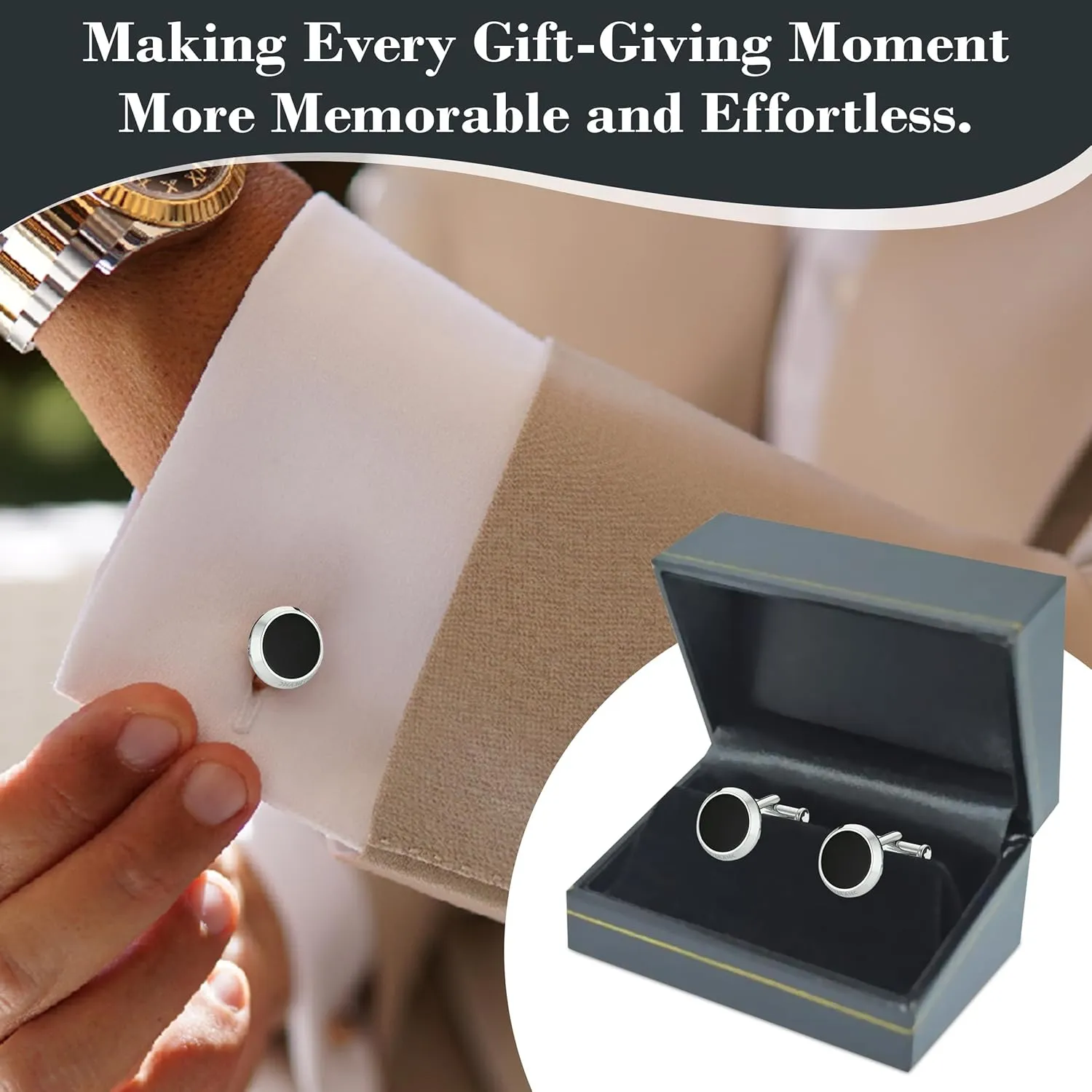 Black Jewelry Box for Cufflinks 2.87x2x1.5 Inches - Stylish Cufflink Gift Boxes with Gold Trim - Faux Leatherette Cufflinks Storage Case - Gift Presentation Cases for Cufflinks Only