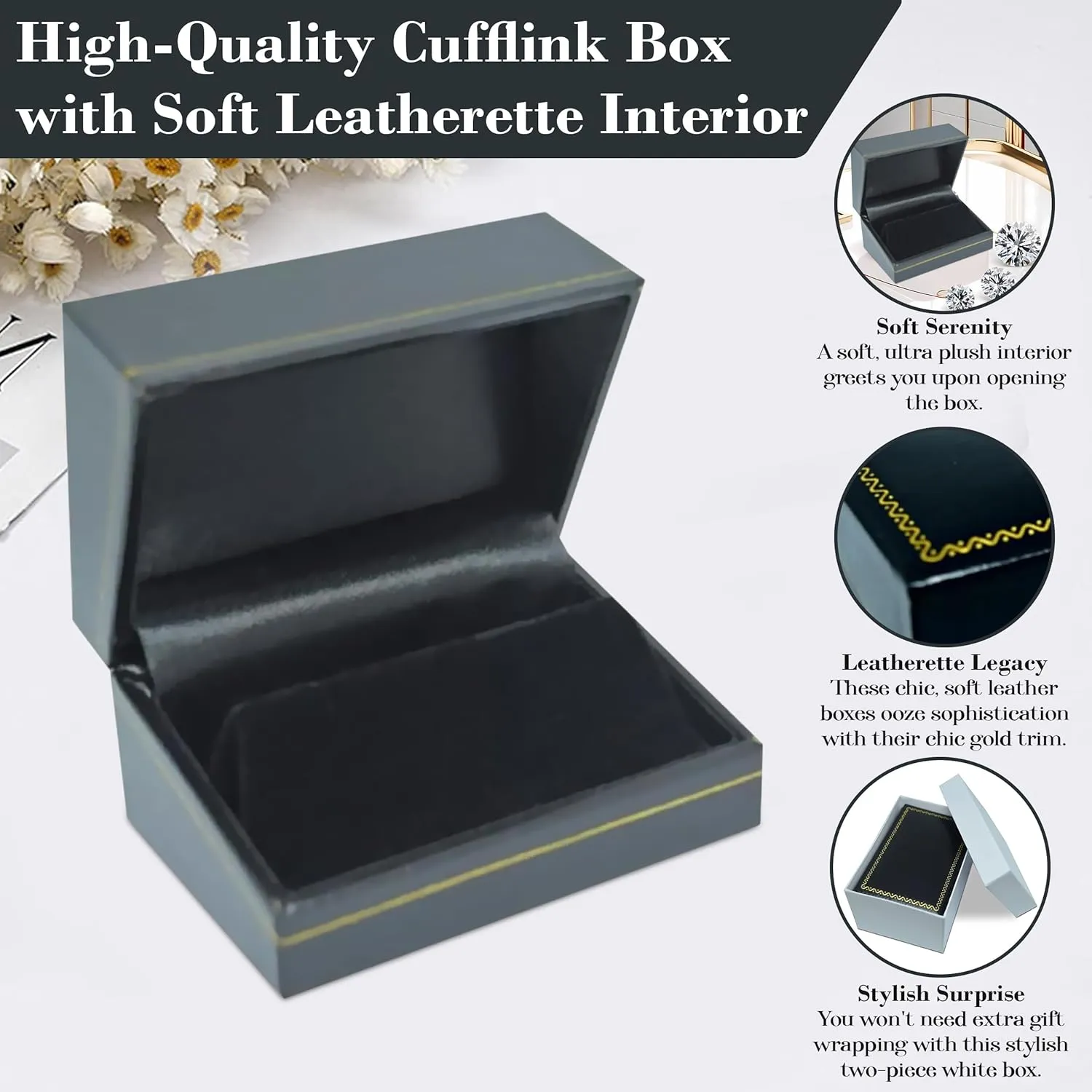 Black Jewelry Box for Cufflinks 2.87x2x1.5 Inches - Stylish Cufflink Gift Boxes with Gold Trim - Faux Leatherette Cufflinks Storage Case - Gift Presentation Cases for Cufflinks Only