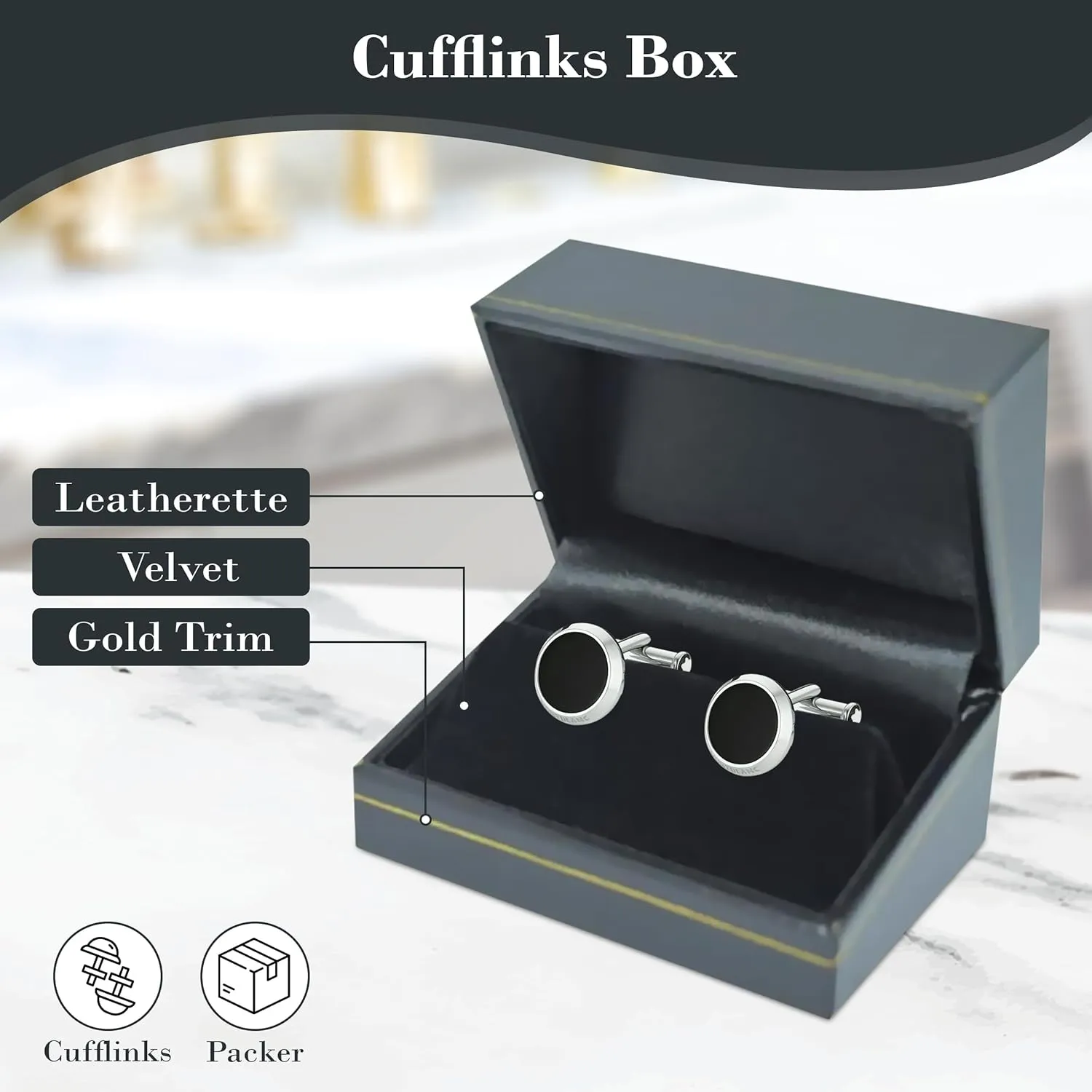 Black Jewelry Box for Cufflinks 2.87x2x1.5 Inches - Stylish Cufflink Gift Boxes with Gold Trim - Faux Leatherette Cufflinks Storage Case - Gift Presentation Cases for Cufflinks Only