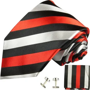 Black, Red and Silver Striped Silk Tie with Pocket Square and Cufflinks