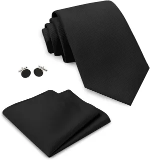 Black Ties for Men 3.15" Solid Color Ties Set Formal Neckties and Pocket Square with Cufflinks Set for Men