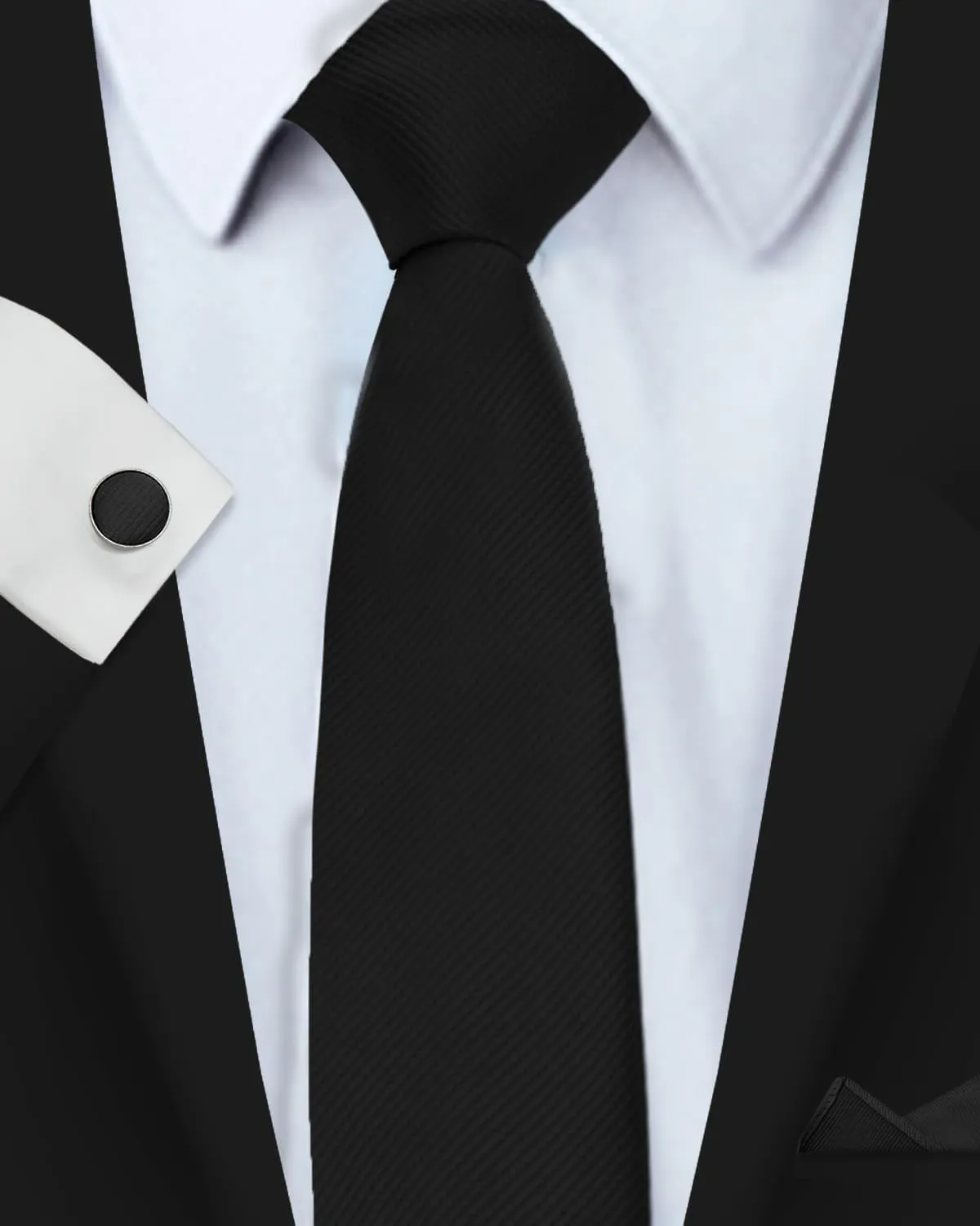 Black Ties for Men 3.15" Solid Color Ties Set Formal Neckties and Pocket Square with Cufflinks Set for Men