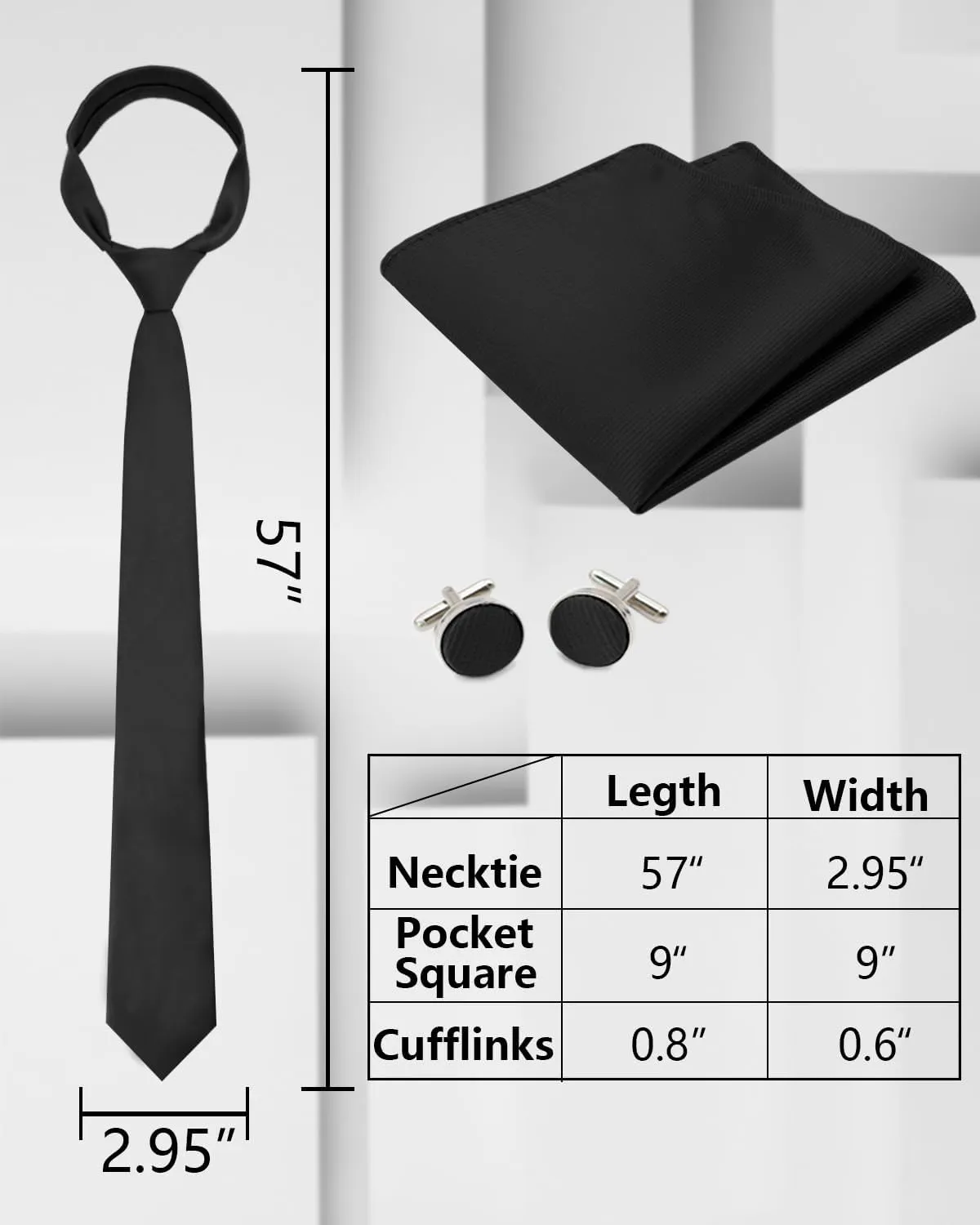 Black Ties for Men 3.15" Solid Color Ties Set Formal Neckties and Pocket Square with Cufflinks Set for Men