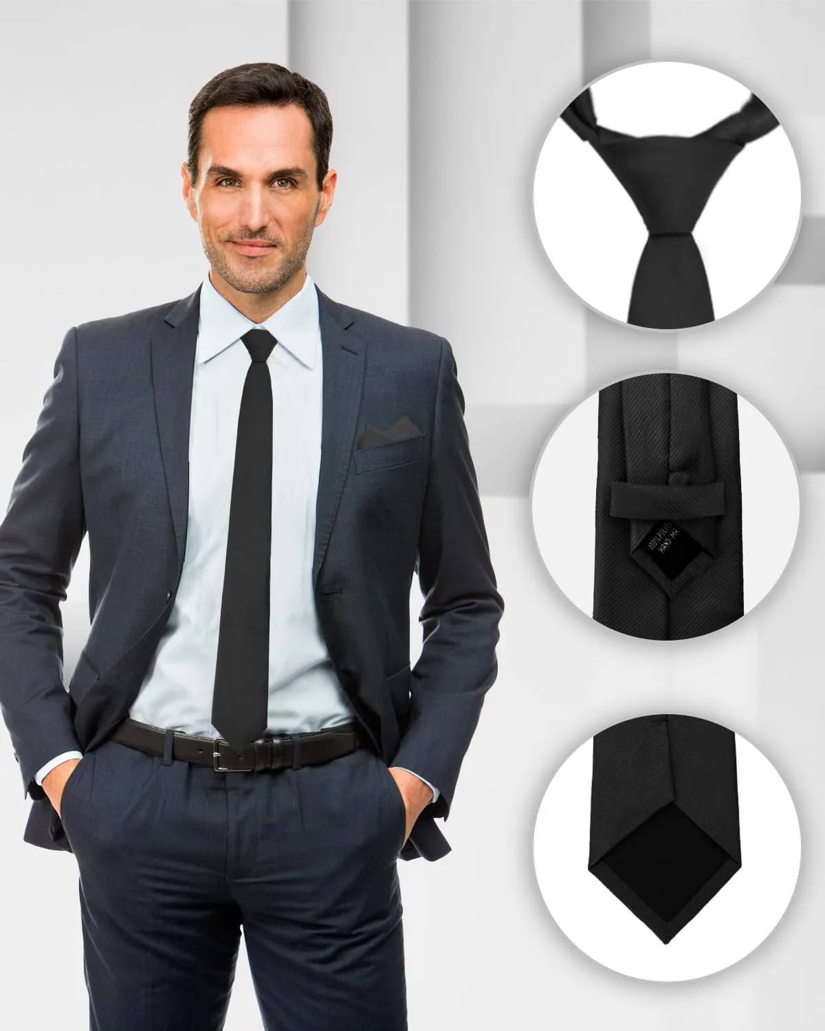 Black Ties for Men 3.15" Solid Color Ties Set Formal Neckties and Pocket Square with Cufflinks Set for Men