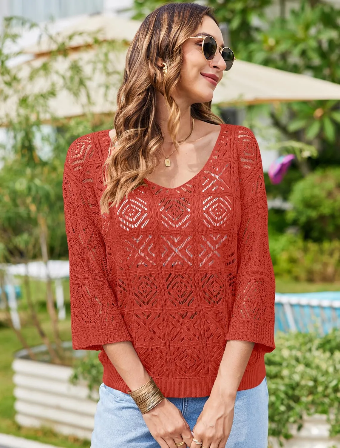 Bluetime Women Off Shoulder Tops Casual 3/4 Sleeve Hollow Out Crochet Sweaters Lightweight Oversized Knit Tops