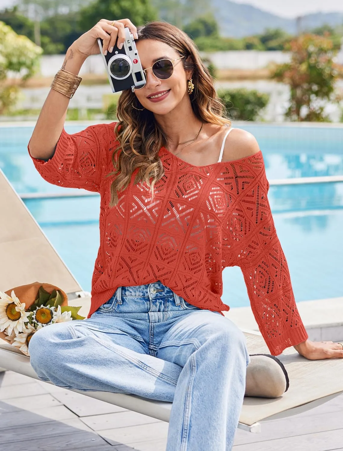 Bluetime Women Off Shoulder Tops Casual 3/4 Sleeve Hollow Out Crochet Sweaters Lightweight Oversized Knit Tops