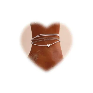 Bohemian Layered Heart Anklet Silver Love Heart Ankle Bracelet Woven Rope Anklets Chain Bracelet Adjustable Beach Anklets Summer Beach Foot Chain Jewelry for Girls Gifts