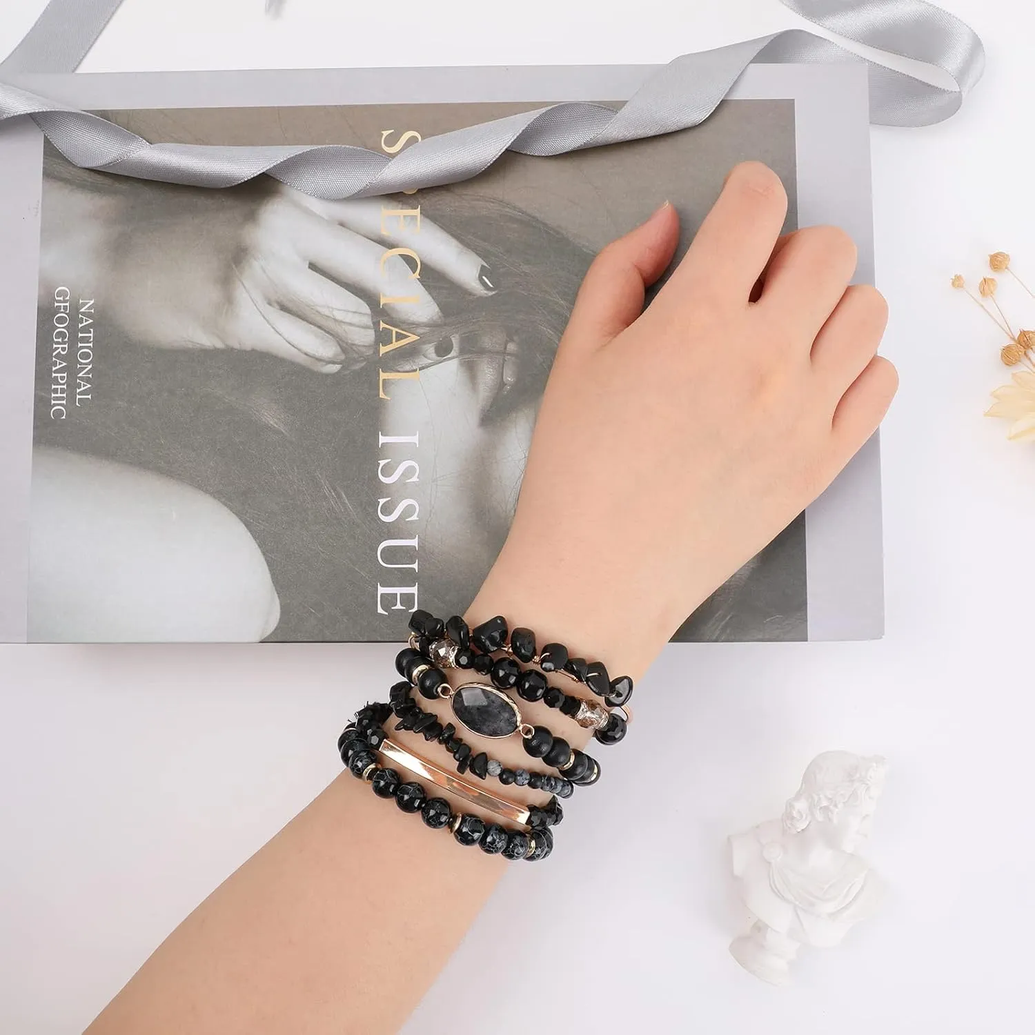 Bohemian Natural Stone Beaded Bracelets for Women Men Stackable Stretch Beads Bracelet Set with Charm and Tassel Multilayered Elastic Gemstone Bracelets Summer Beach Boho Jewelry Gift for Women