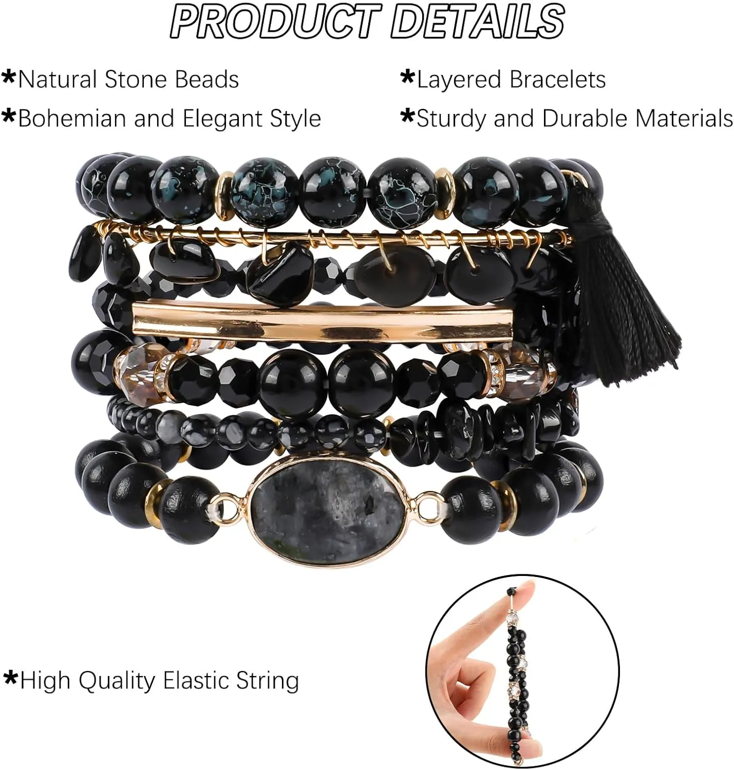 Bohemian Natural Stone Beaded Bracelets for Women Men Stackable Stretch Beads Bracelet Set with Charm and Tassel Multilayered Elastic Gemstone Bracelets Summer Beach Boho Jewelry Gift for Women