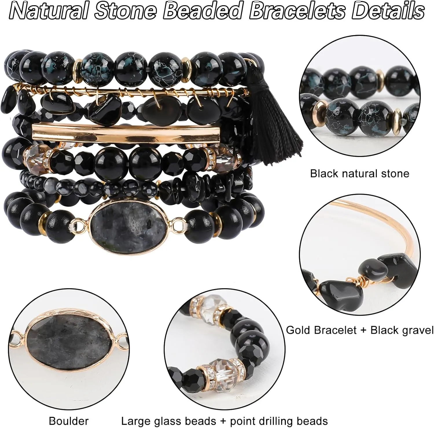 Bohemian Natural Stone Beaded Bracelets for Women Men Stackable Stretch Beads Bracelet Set with Charm and Tassel Multilayered Elastic Gemstone Bracelets Summer Beach Boho Jewelry Gift for Women