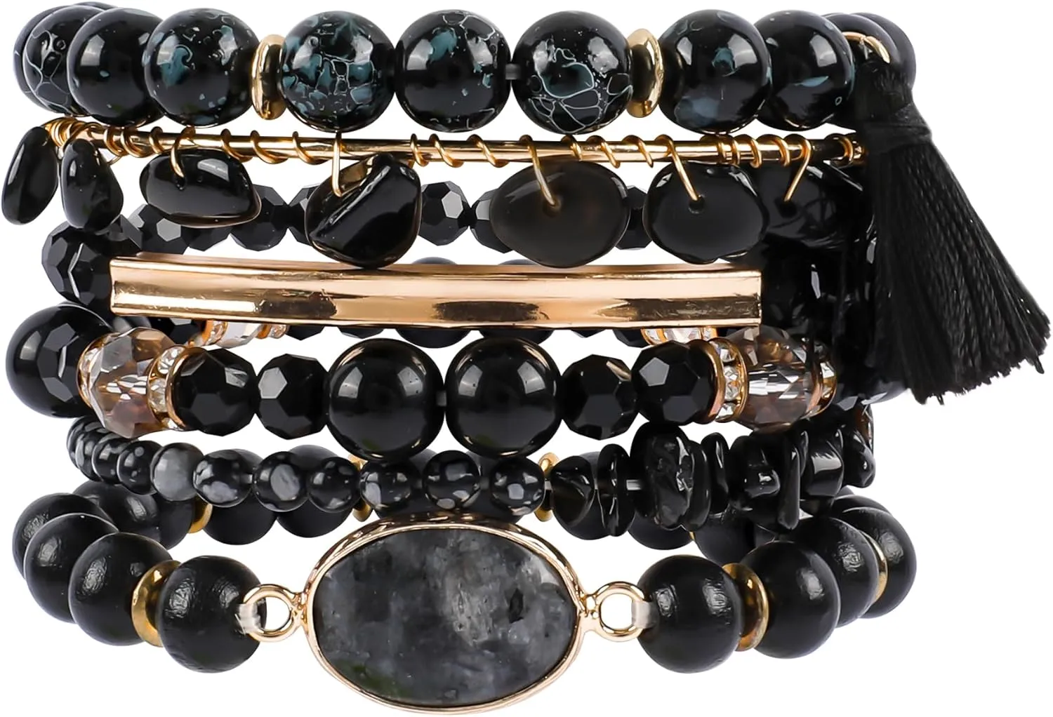 Bohemian Natural Stone Beaded Bracelets for Women Men Stackable Stretch Beads Bracelet Set with Charm and Tassel Multilayered Elastic Gemstone Bracelets Summer Beach Boho Jewelry Gift for Women