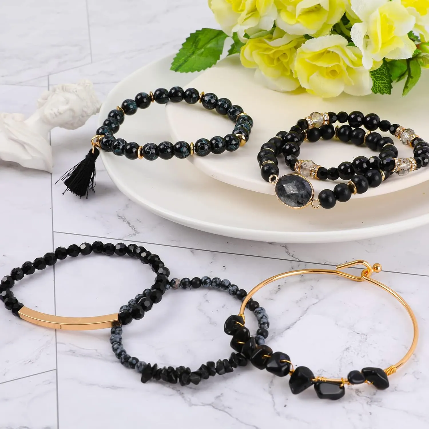 Bohemian Natural Stone Beaded Bracelets for Women Men Stackable Stretch Beads Bracelet Set with Charm and Tassel Multilayered Elastic Gemstone Bracelets Summer Beach Boho Jewelry Gift for Women