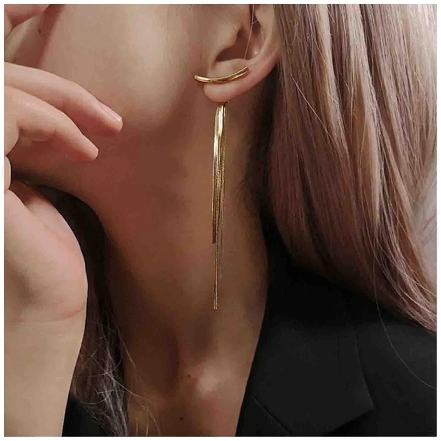 Bohemian Snake Chain Tassel Earrings Long Snake Bone Chain Earrings Arc Bar Ear Jacket Earrings Tassel Sleek Chain Earring Gold Herringbone Dangle Earrings Jewelry for Women