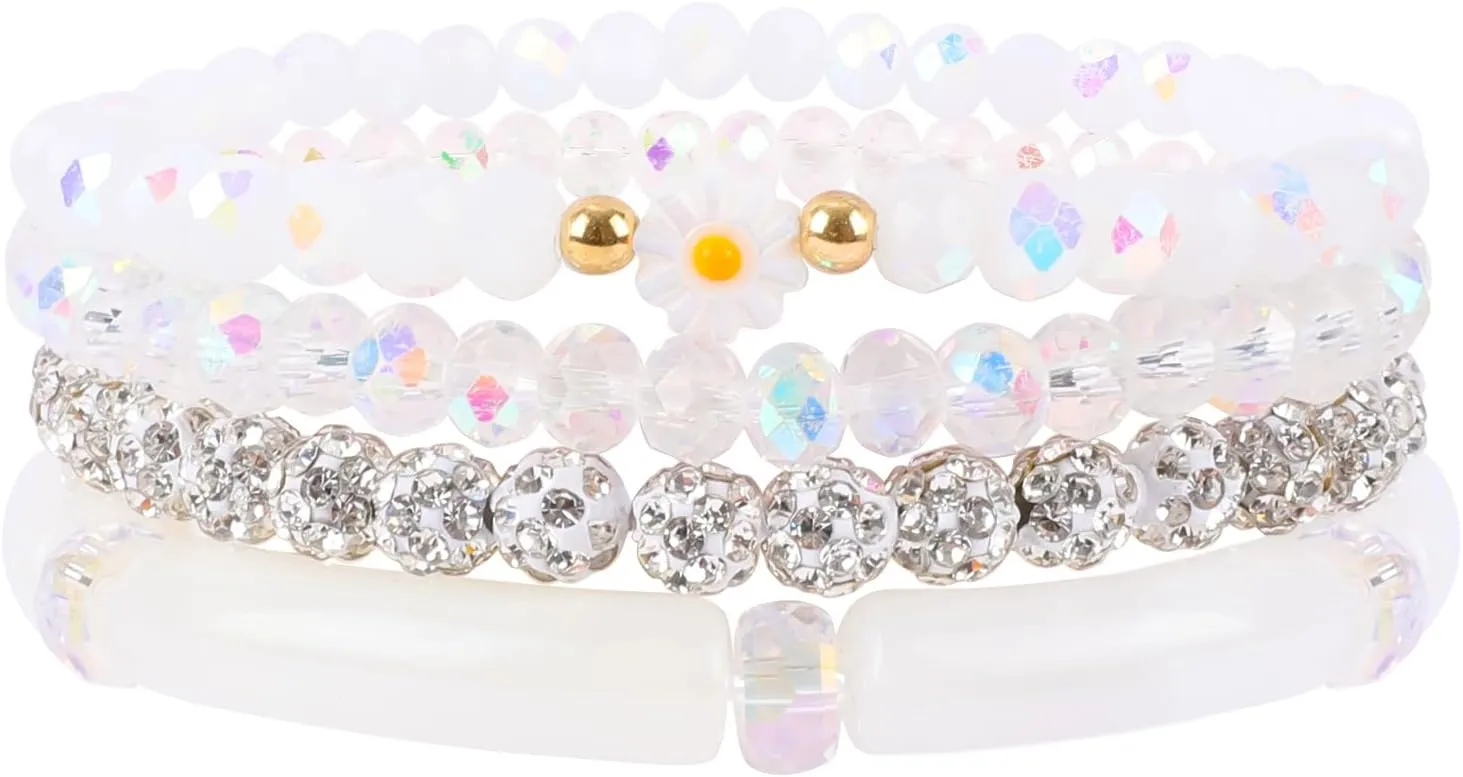 Bohemian White Beaded Bracelet for Women Daisy Charm Stackable Stones Stretch Curved Tube Bracelets Boho Multilayered Elastic Shining Crystal Beads Bracelets Set Glass Beads Handmade Jewelry Gift for Women