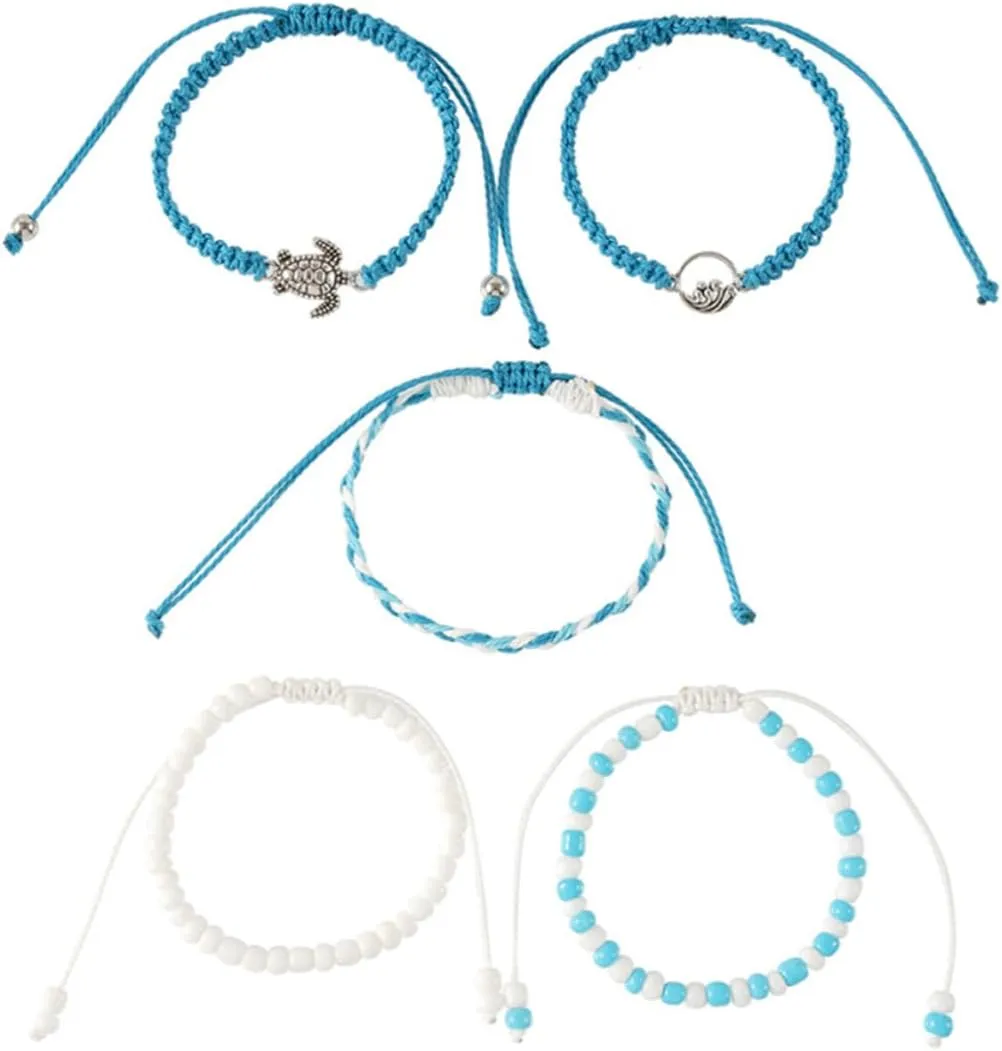 Boho Beach Anklets 5pcs Woven Bracelets for Women Teen Girls Casual Summer Jewelry