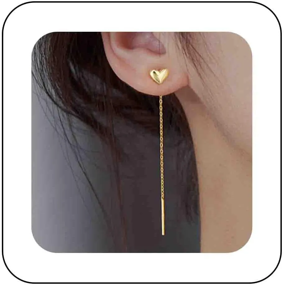 Boho Heart Threader Chain Earrings Bar Chain Drop Earrings Gold Long Chain Earrings Love Heart Pull Through Earrings Jewelry for Women and Girls
