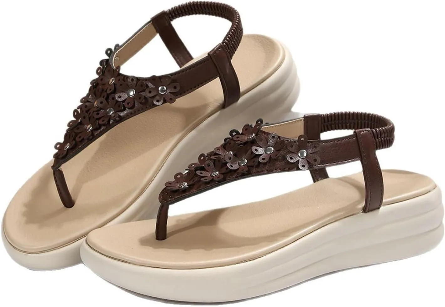Boho Orthotic Sandals Womens Cute Flower Appliques Elastic Flats T-Strap Thong Summer Dressy Comfy Walking Shoes New