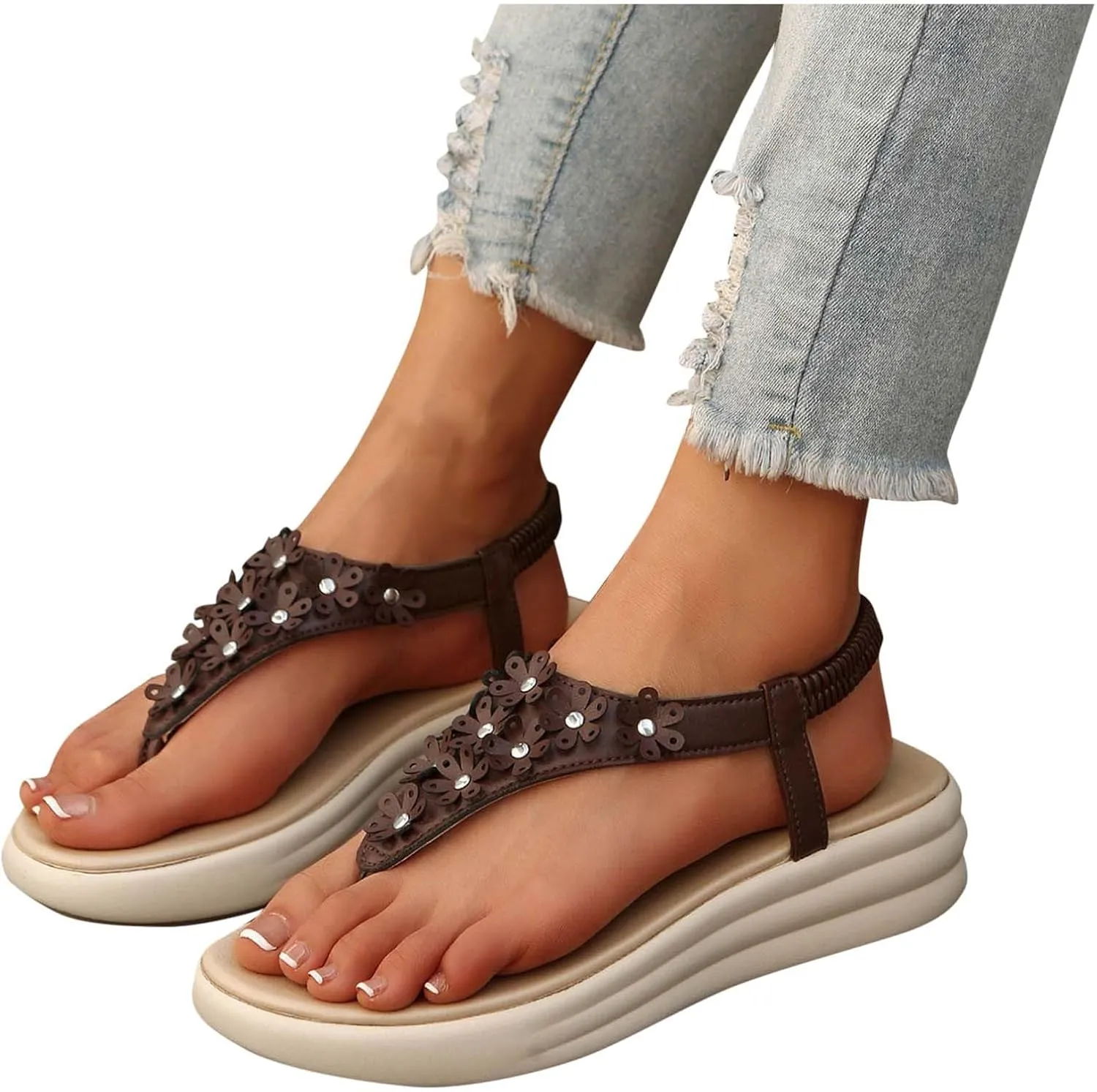 Boho Orthotic Sandals Womens Cute Flower Appliques Elastic Flats T-Strap Thong Summer Dressy Comfy Walking Shoes New