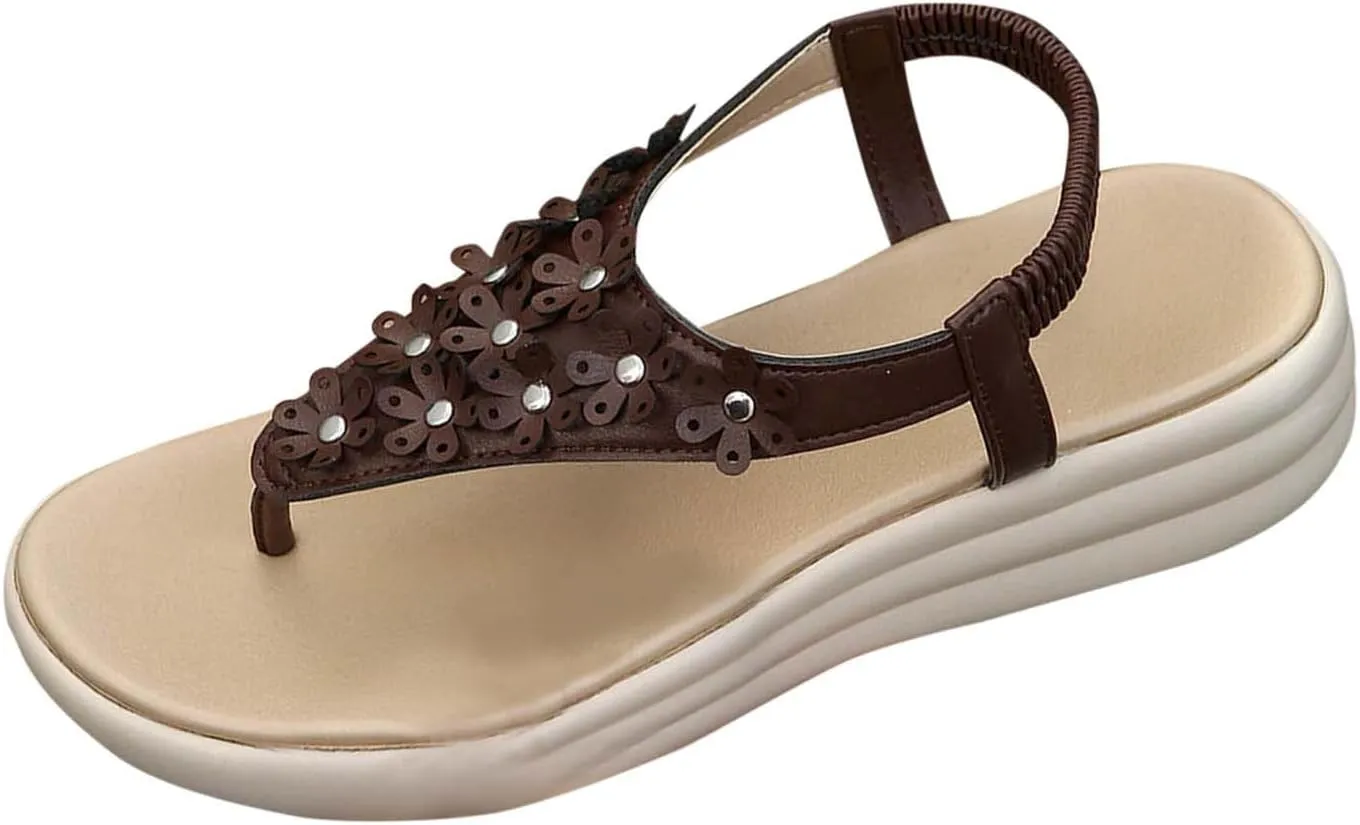 Boho Orthotic Sandals Womens Cute Flower Appliques Elastic Flats T-Strap Thong Summer Dressy Comfy Walking Shoes New