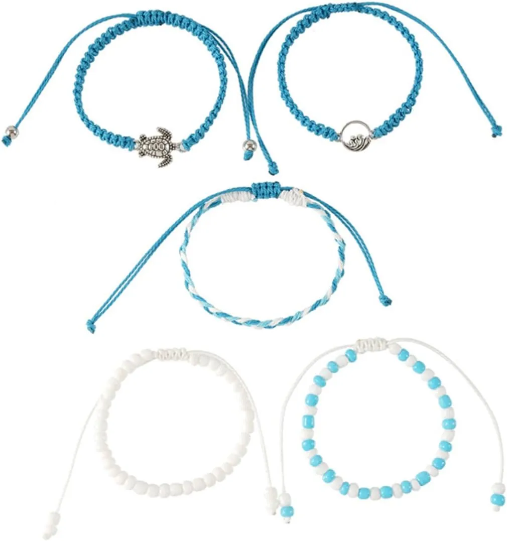 Boho Style 5pcs Woven Bracelet Set Beach Anklets for Women Teen Girls Braided Jewelry for Outfits