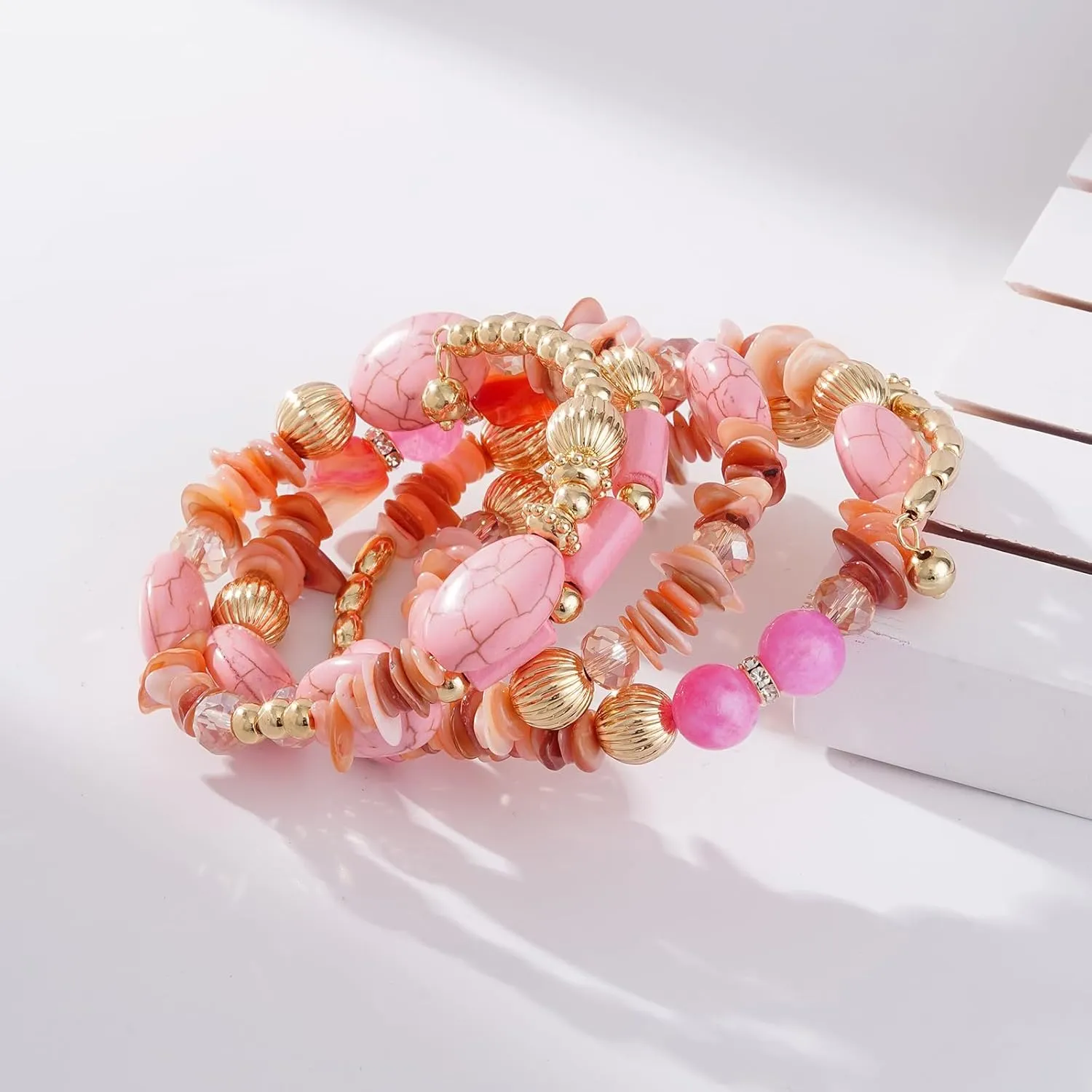 Boho Summer Beach Beads Bangle Bracelets for Women Bohemian Wrap Stackable Bracelets Crystal Gold Bead Set Handmade Bracelets Jewelry Gift
