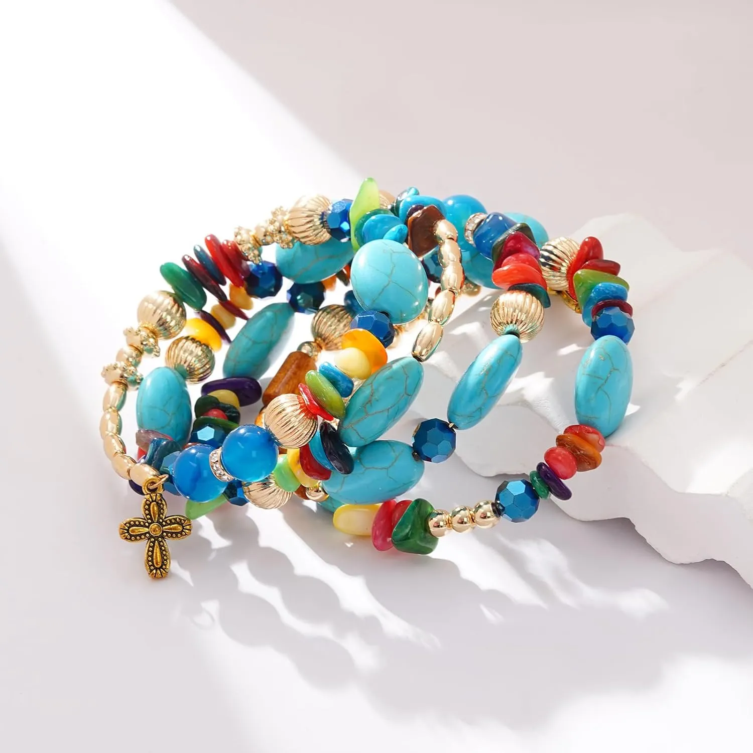 Boho Summer Beach Beads Bangle Bracelets for Women Bohemian Wrap Stackable Bracelets Crystal Gold Bead Set Handmade Bracelets Jewelry Gift