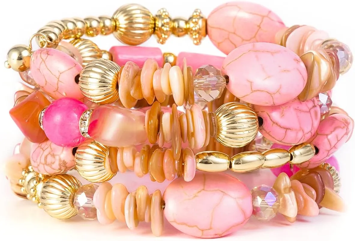 Boho Summer Beach Beads Bangle Bracelets for Women Bohemian Wrap Stackable Bracelets Crystal Gold Bead Set Handmade Bracelets Jewelry Gift