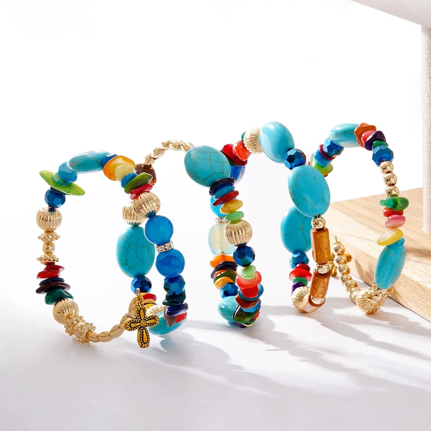 Boho Summer Beach Beads Bangle Bracelets for Women Bohemian Wrap Stackable Bracelets Crystal Gold Bead Set Handmade Bracelets Jewelry Gift