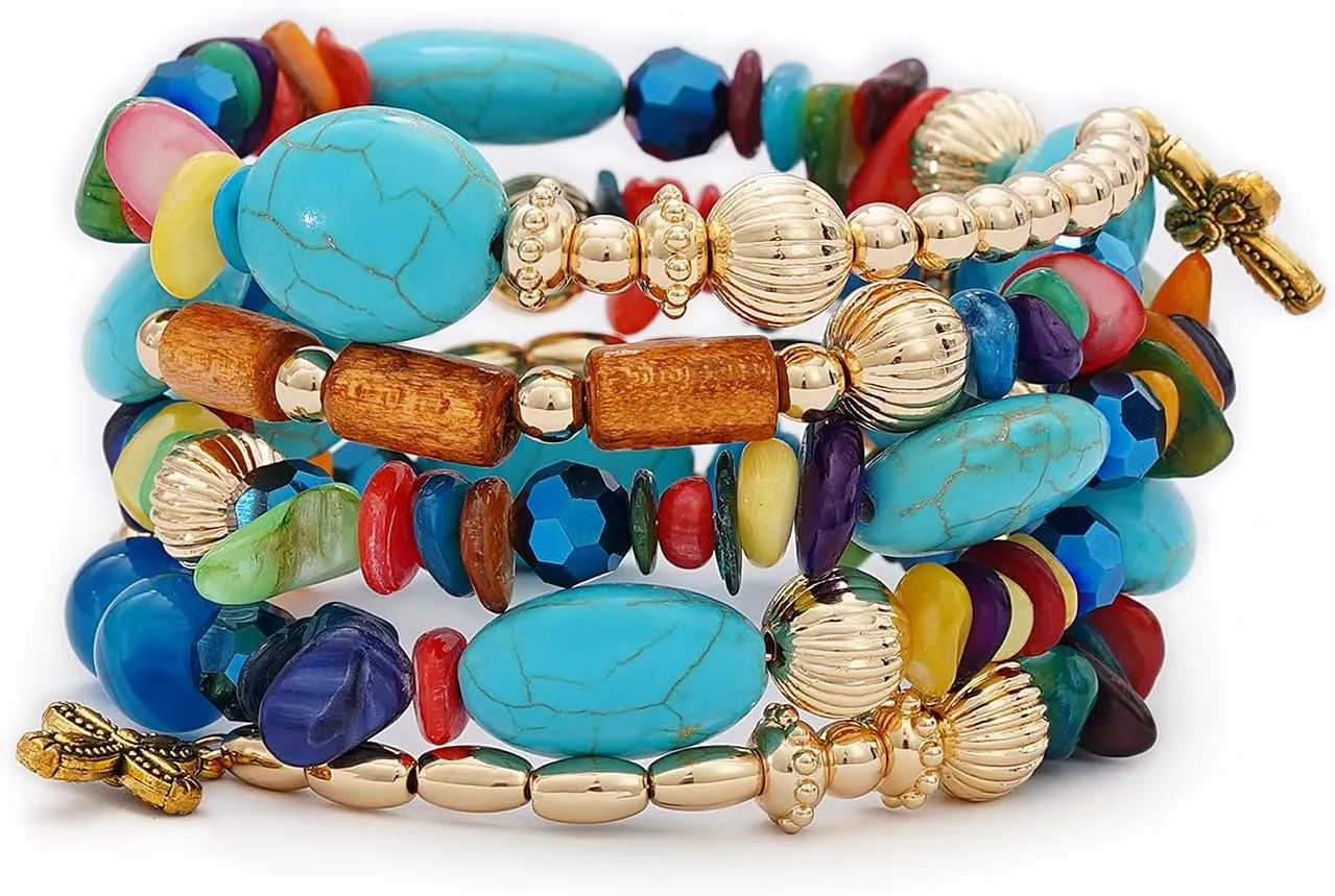 Boho Summer Beach Beads Bangle Bracelets for Women Bohemian Wrap Stackable Bracelets Crystal Gold Bead Set Handmade Bracelets Jewelry Gift
