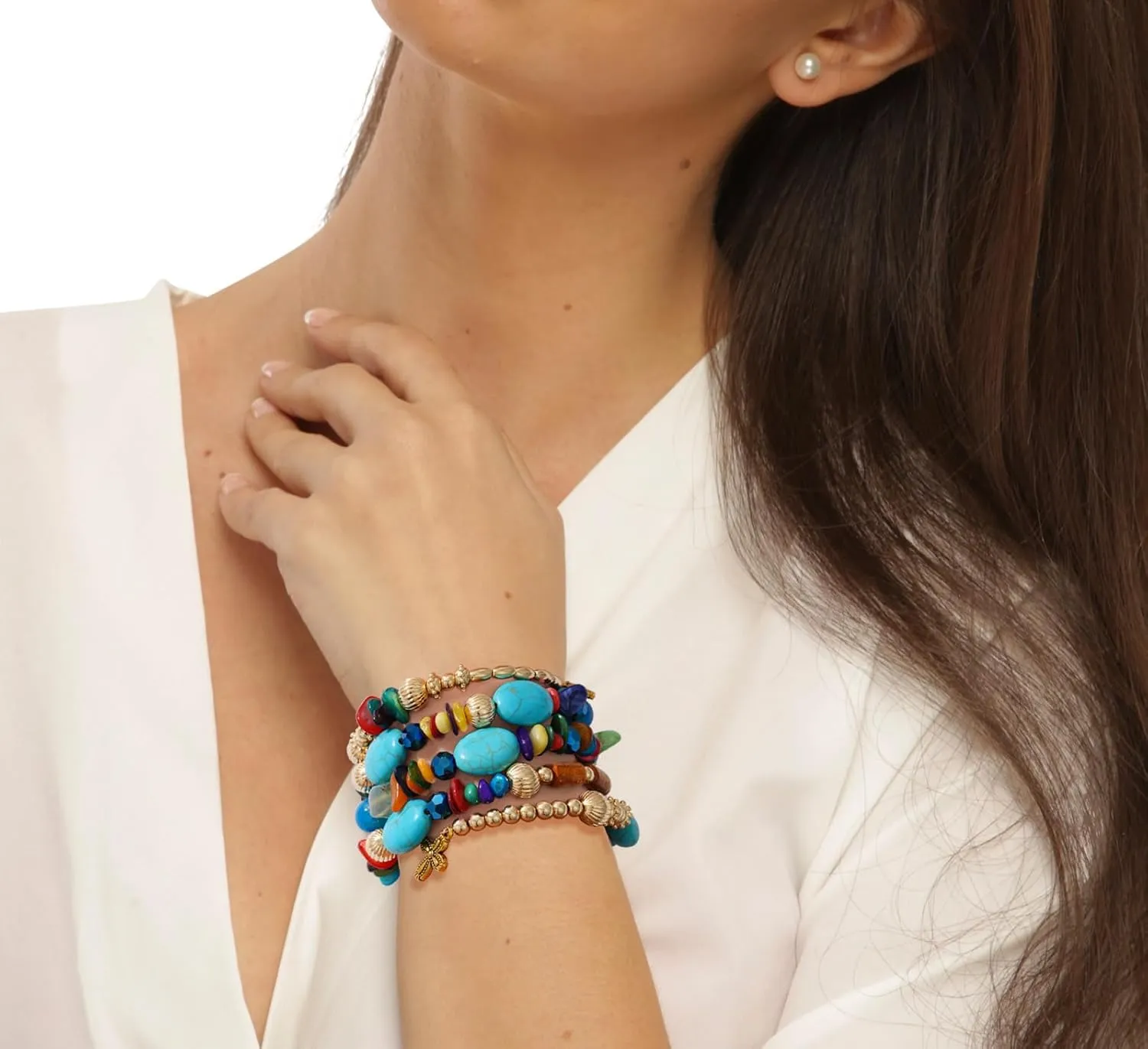 Boho Summer Beach Beads Bangle Bracelets for Women Bohemian Wrap Stackable Bracelets Crystal Gold Bead Set Handmade Bracelets Jewelry Gift