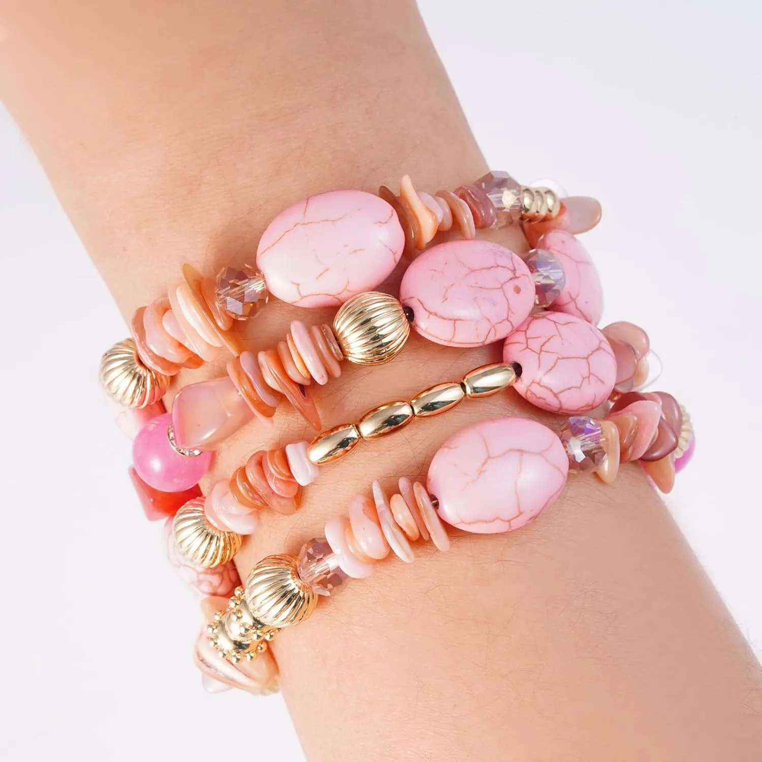 Boho Summer Beach Beads Bangle Bracelets for Women Bohemian Wrap Stackable Bracelets Crystal Gold Bead Set Handmade Bracelets Jewelry Gift
