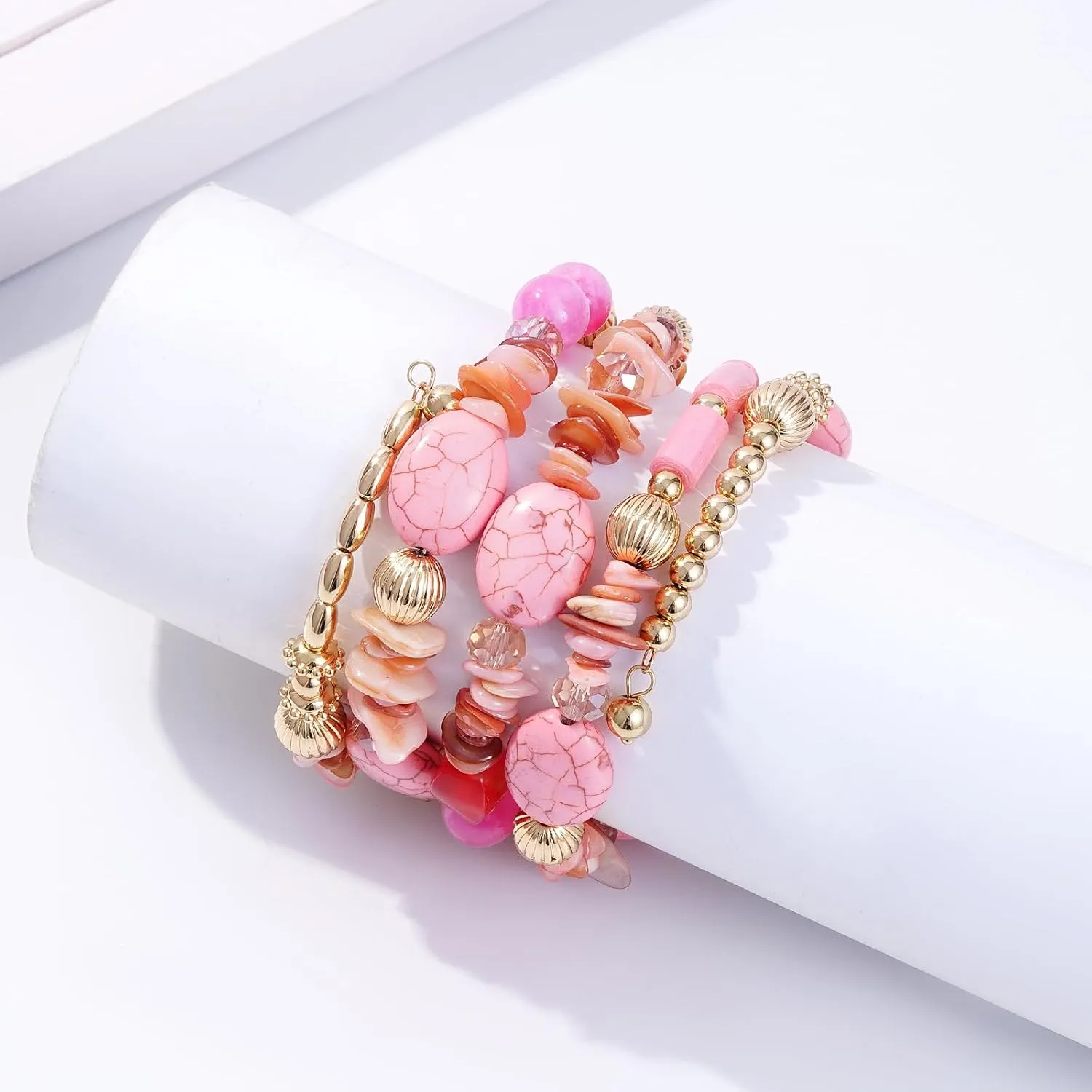 Boho Summer Beach Beads Bangle Bracelets for Women Bohemian Wrap Stackable Bracelets Crystal Gold Bead Set Handmade Bracelets Jewelry Gift