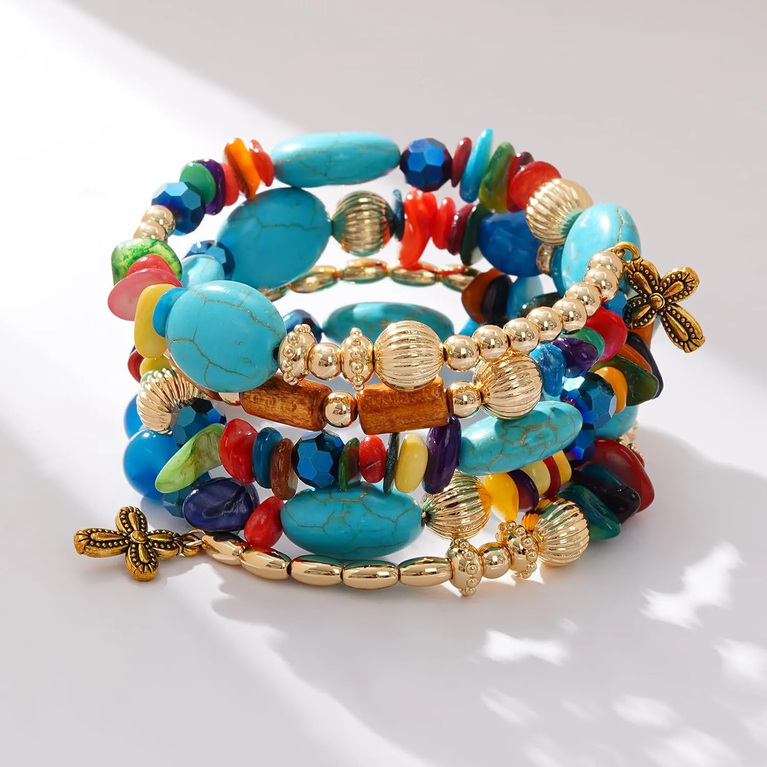 Boho Summer Beach Beads Bangle Bracelets for Women Bohemian Wrap Stackable Bracelets Crystal Gold Bead Set Handmade Bracelets Jewelry Gift